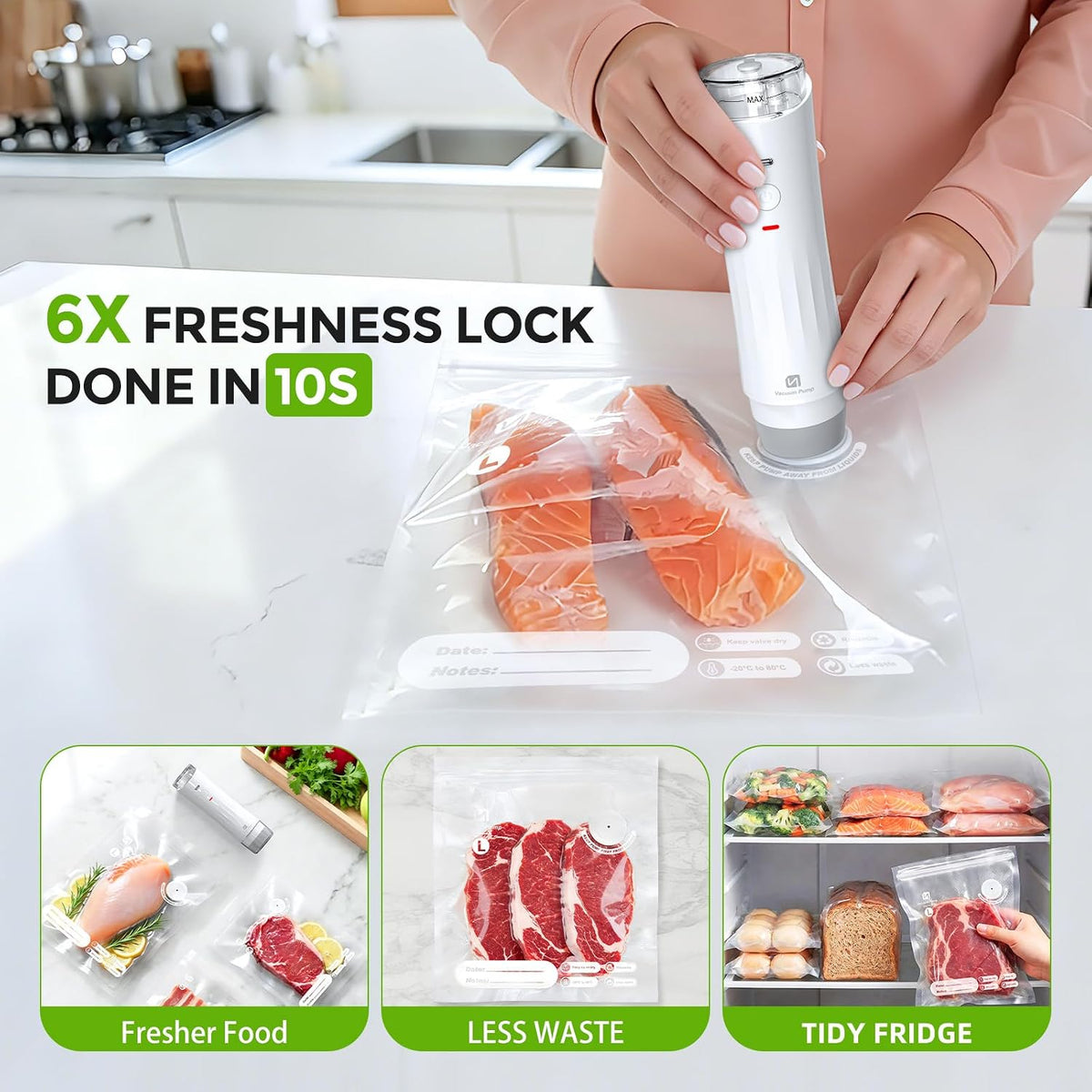 Vacuum Sealer for Food, Powerful Handheld Food Saver Machine Compact Vacuum Sealer Machine with Visible Water Tank & 15 Reusable Sealer Bags for Kitchen, Travel & Outdoor
