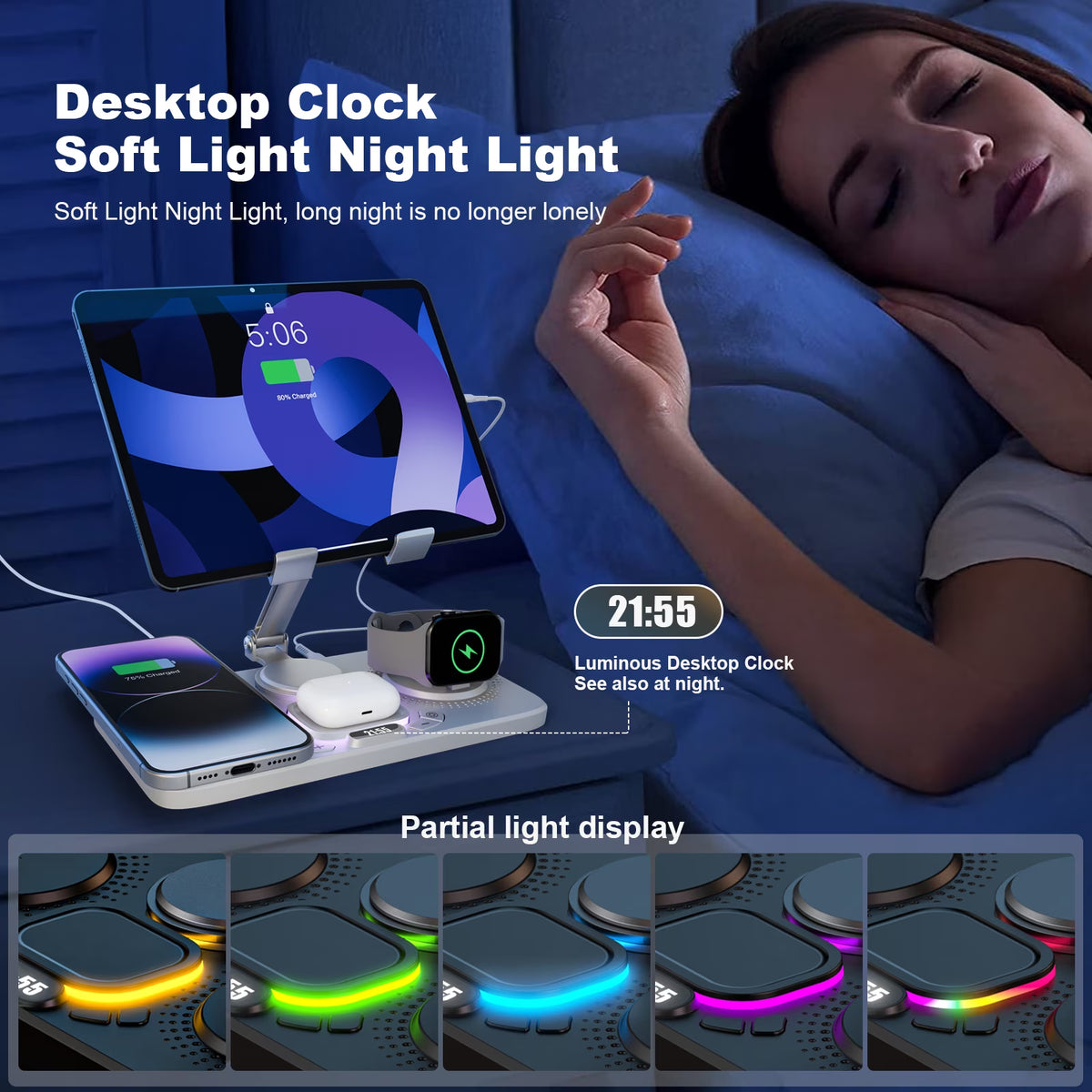 6 in 1 Wireless Charger for Iphone Airpods Iwatch, Foldable Charging Station Travel Charging Pad Dock Compatible with Apple 12 and above Series,White