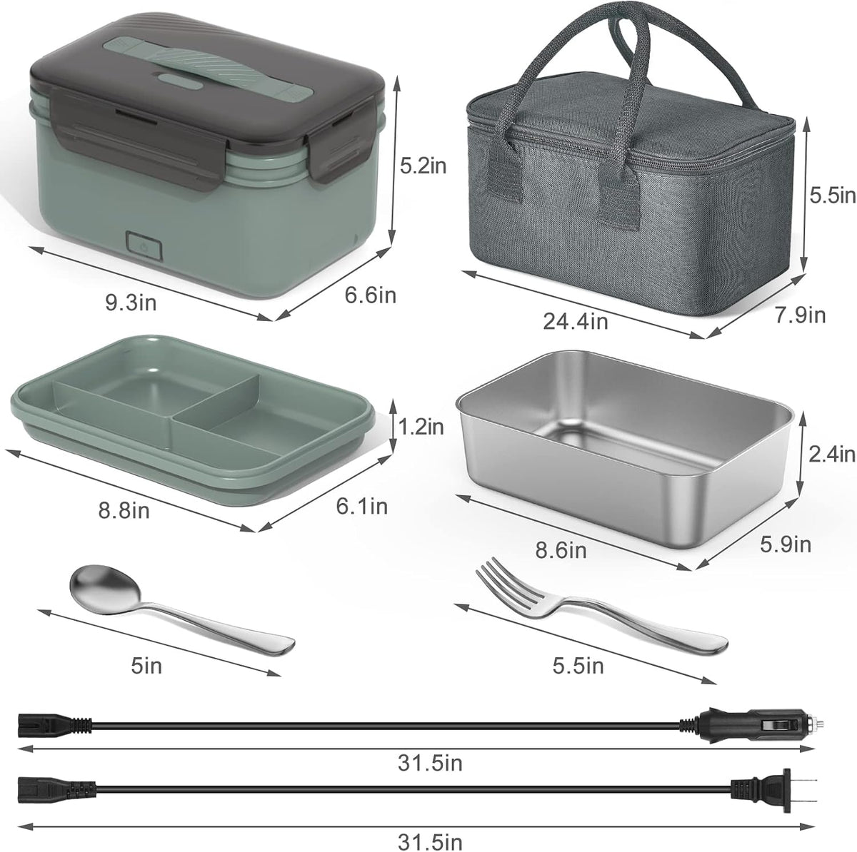 Electric Lunch Box 100W, 4 in 1 Heated Lunch Box for Adults, Portable Heating Lunch Box for Work/Car/Truck, with 1.8L Stainless Steel Container, 12V 24V 110V 220V, Green Grey