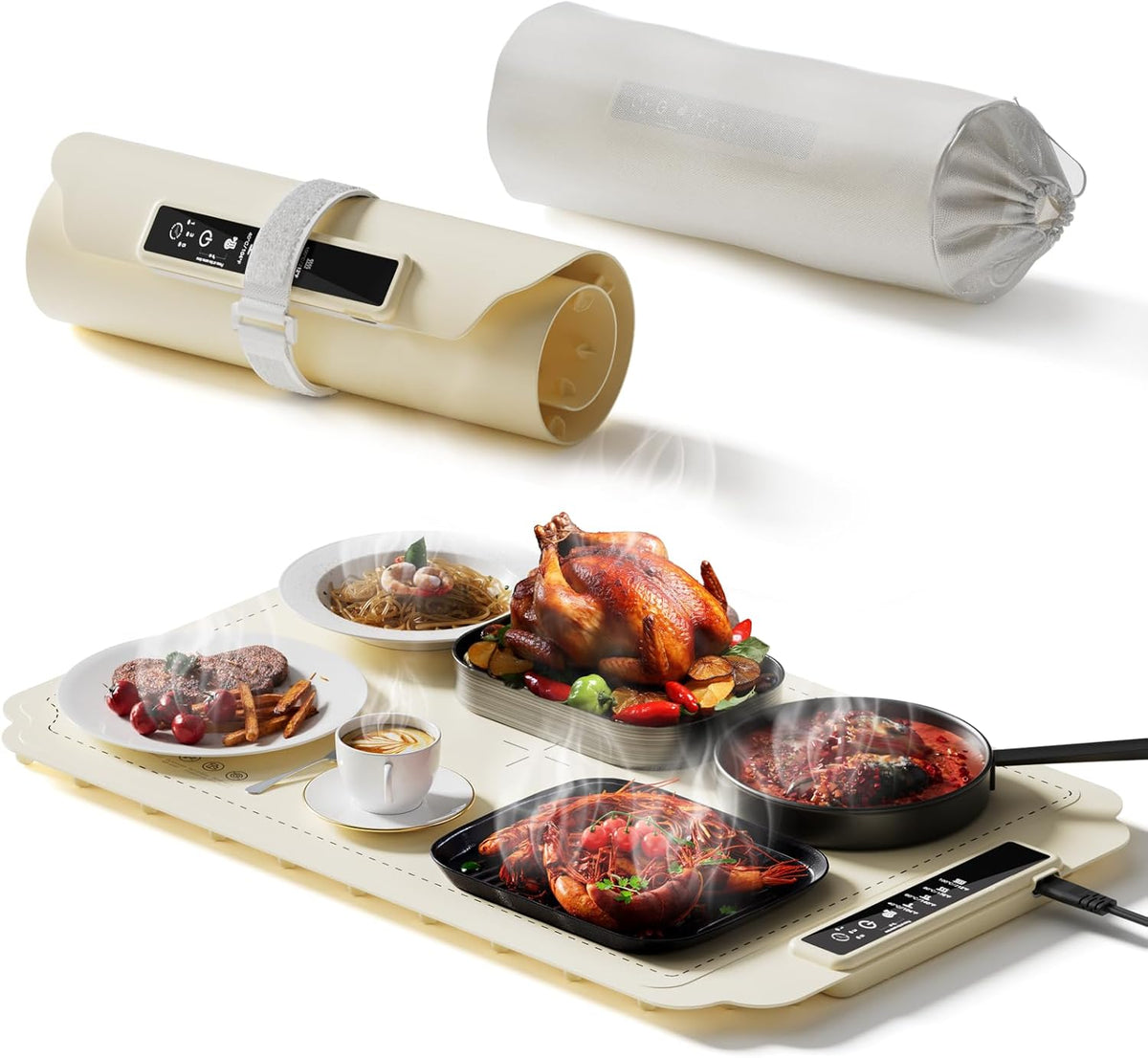 Warming Mat for Food, Electric Warming Tray, Fast Full Surface Graphene Electric Warming Tray, Extra Large Roll up Silicone Food Warming Mat, Perfect for Gatherings, Parties &Everyday Use (Beige)