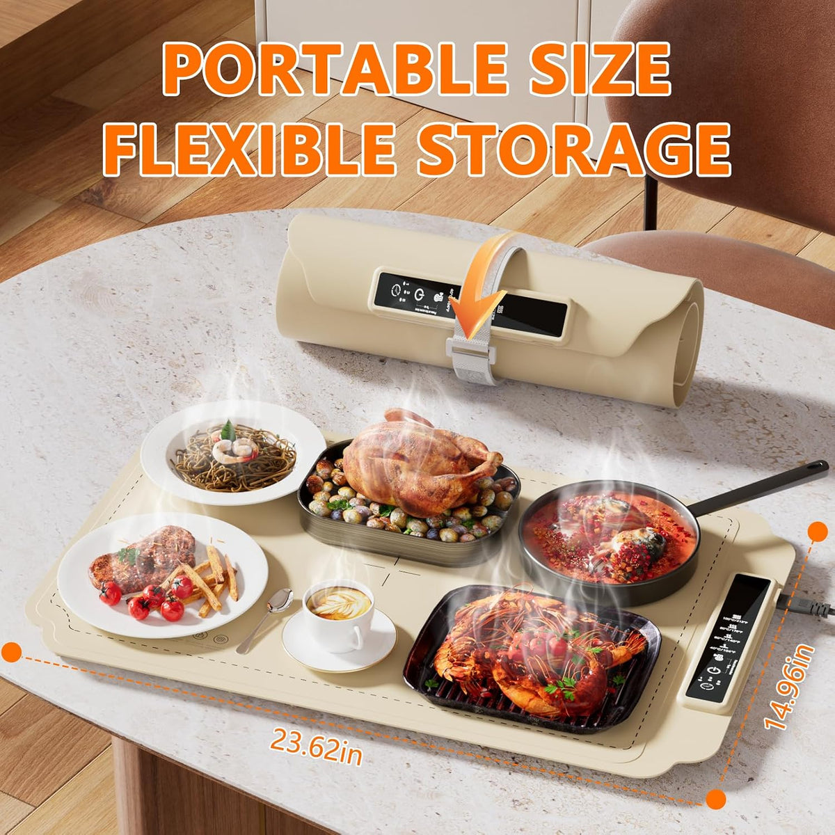 Warming Mat for Food, Electric Warming Tray, Fast Full Surface Graphene Electric Warming Tray, Extra Large Roll up Silicone Food Warming Mat, Perfect for Gatherings, Parties &Everyday Use (Beige)