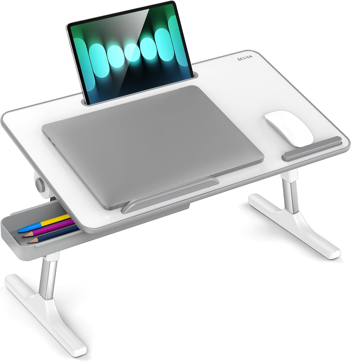 LT05 Adjustable Laptop Table, Lap Desk, Portable Standing Bed Desk, Foldable Sofa Breakfast Tray, Notebook Computer Stand for Reading and Writing, Medium Size, White