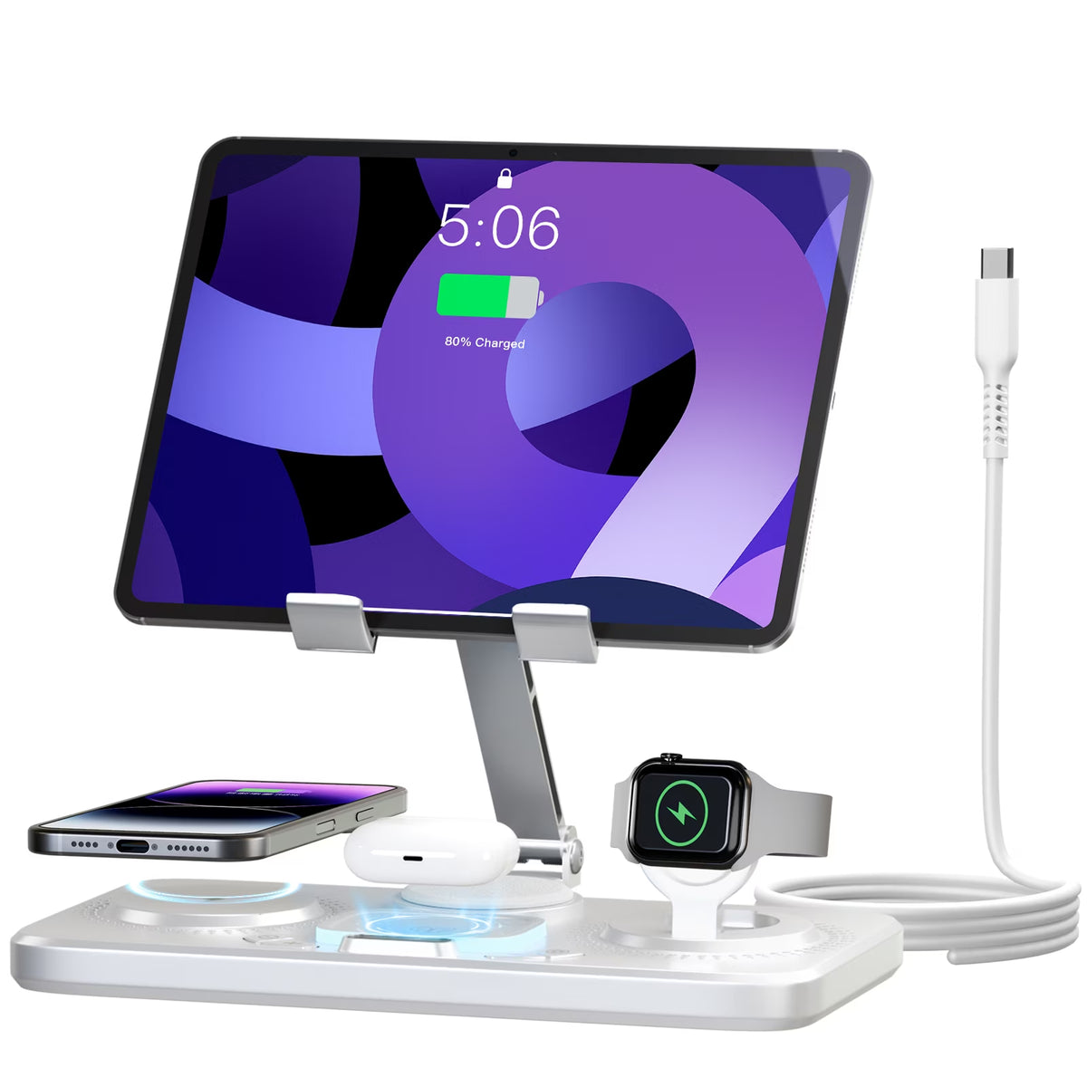 6 in 1 Wireless Charger for Iphone Airpods Iwatch, Foldable Charging Station Travel Charging Pad Dock Compatible with Apple 12 and above Series,White