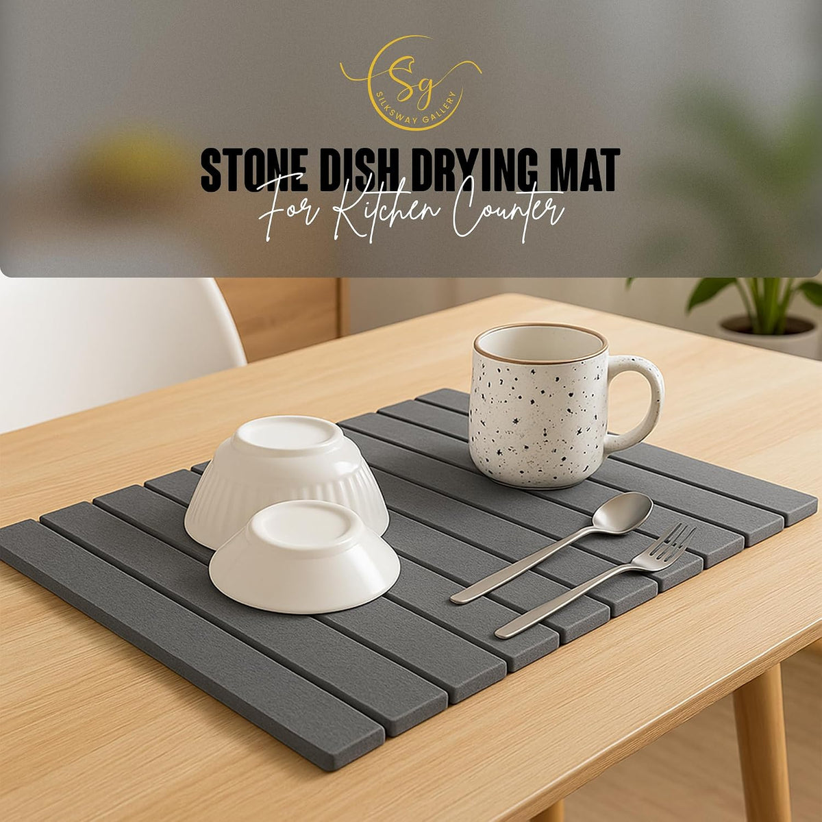 Large Stone Dish Drying Mat for Kitchen Counter, Instant Drying Pad, Super Absorbent Foldable Dish Drying Mat, 24"×16", Dark Gray