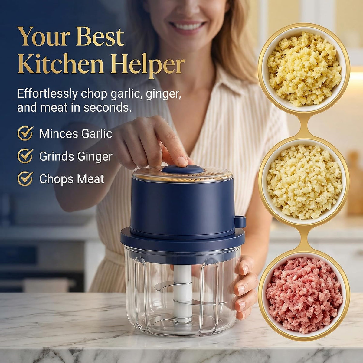 350Ml Electric Mini Garlic Chopper Set, 2026 New Small Garlic Chopper Mincer, Food Chopper Tool, USB Rechargeable, Wireless Veggie Grinder, for Mashing Onion, Garlic, Chili, Ginger (Gold)