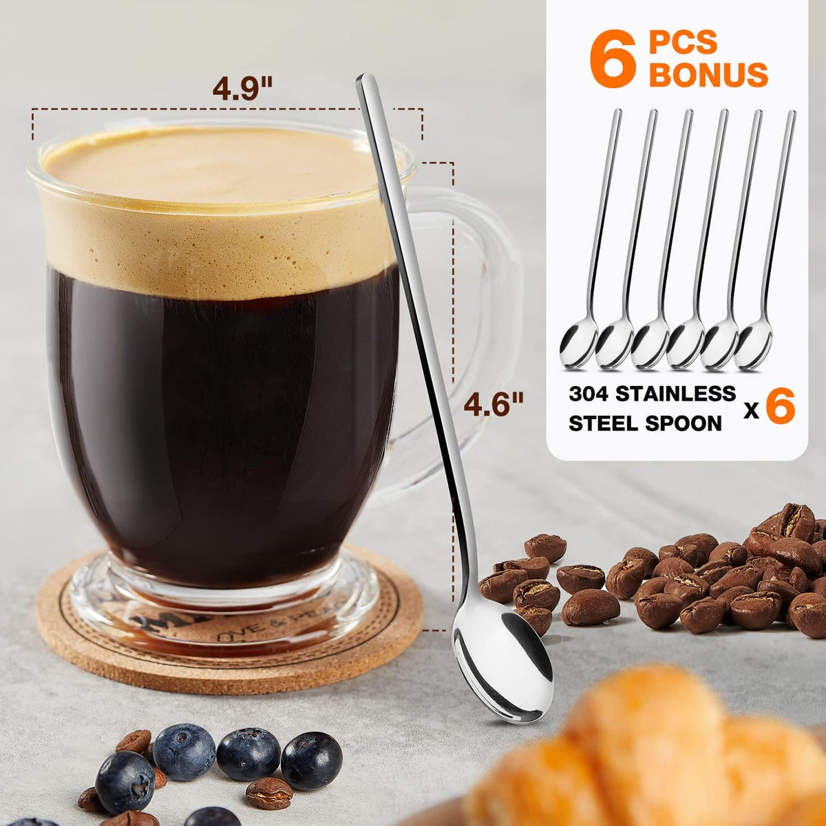 Glass Coffee Mugs Set of 6, Clear Large Coffee Mug 15 Oz with Handles for Hot Beverages, Clear Mugs for Tea, Cappuccino, Latte, Espresso Coffee, Juice, Glass Coffee Cups