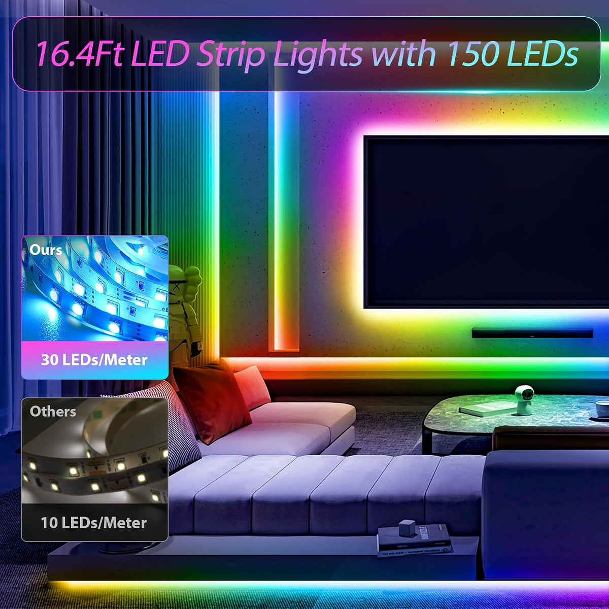 LED Strip Lights, 16.4Ft 150Leds RGB LED Lights for 32-75 Inch TV Behind,Music Sync App Control TV LED Strip with Remote,Usb Plug-In Bias LED Strips Lights for Bedroom Game Cabinet Desk Shelf