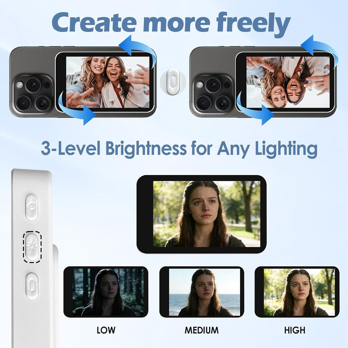 Selfie Monitor Screen for Iphone/Android,Magnetic Phone Vlog Selfie Screen with 1500Mah Battery&Bluetooth Remote,Wireless Back Camera Monitor for Live Streaming/Tiktok (White)