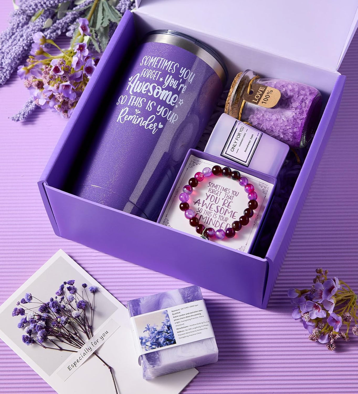 Birthday Gifts for Women, Gifts for Women Mom Wife Her Grandma Sister Friends, Lavender Spa Gift Basket for Her, Self Care Gift Set with 20Oz Tumbler, Candle & Bath Salts