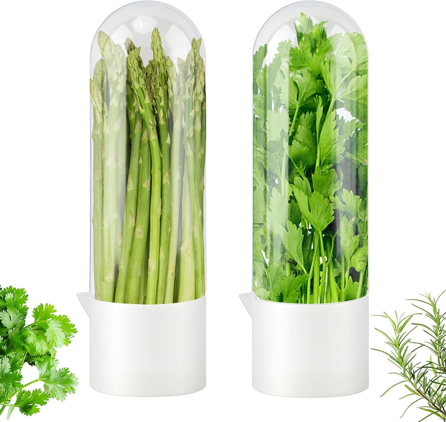 Fresh Herb Saver Cilantro Storage Containers for Refrigerator, Transparent Herbs Saver Fits Fridge Asparagus Parsley Mint Leaves, Keeps Greens Vegetables for 2-3 Weeks(Size:2 Pcs)