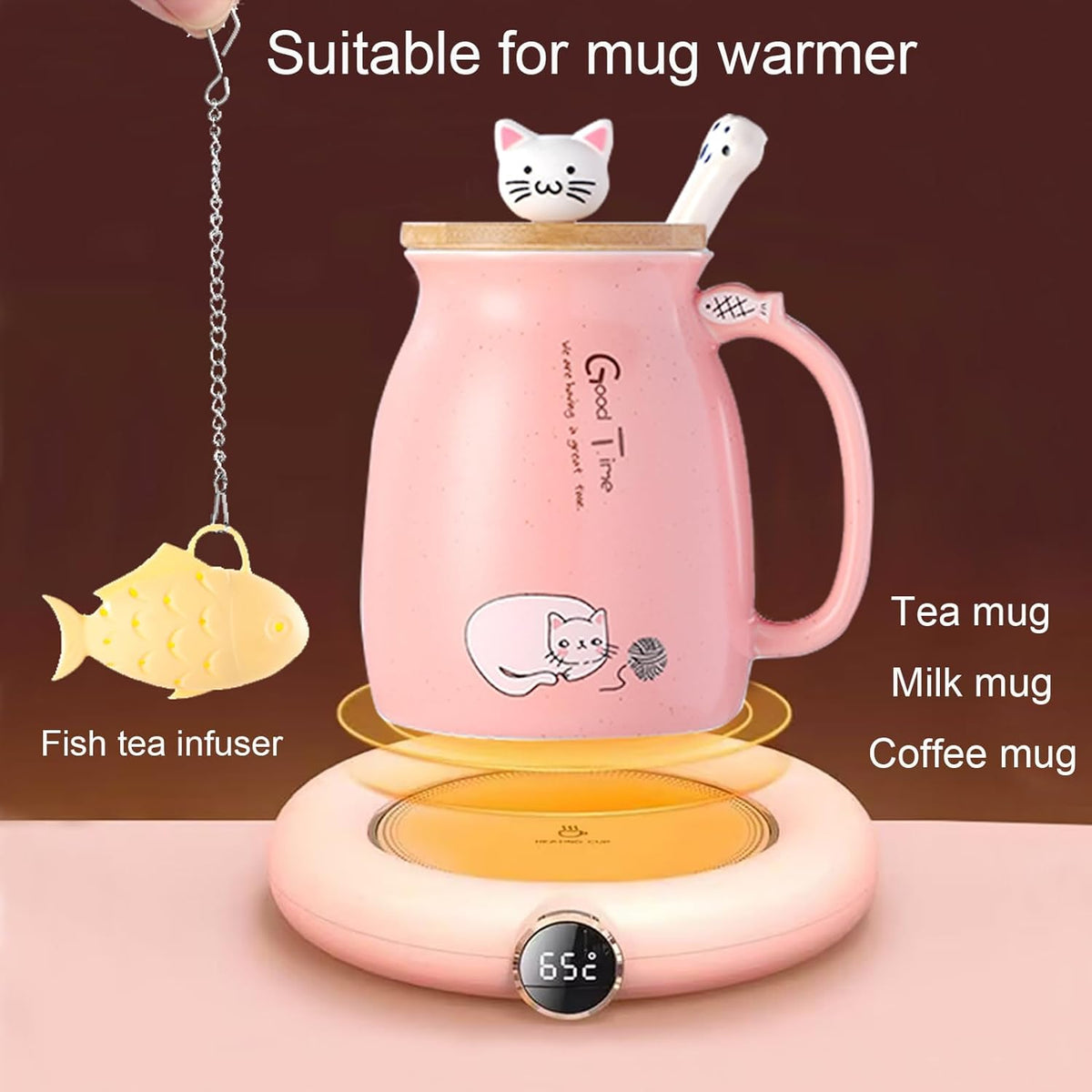 Kawaii Tea Cup with Infuser Cute Cat Mug Ceramic Coffee Mug Tea Mug Pink Cute Cool Preppy Stuff Gifts for Women Cat Lover Gifts 13Oz
