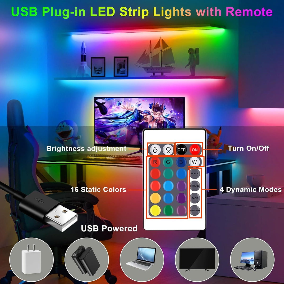 RGB LED Strip Lights 6.56Ft for 40-60In TV Backlight, with Remote