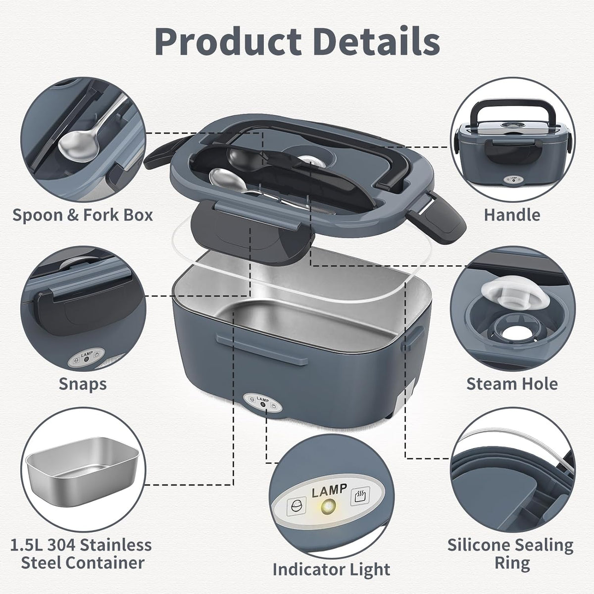 Electric Lunch Box for Adults, Heated Lunch Box Food Warmer, 80W 1.5L Portable Heating Lunchbox for Men/Work/Car/Truck, 12V 24V 110V Lonchera Eléctrica Portátil Christmas White Elephant Gifts