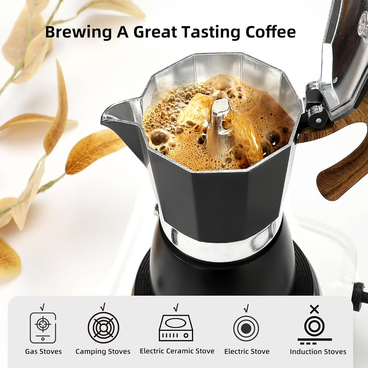 Stovetop Espresso Maker Moka Pot, Cuban Coffee Maker Stove Top Coffee Maker Moka Italian Espresso Greca Coffee Maker Brewer Percolator, 9 Espresso Cups, 15 Oz - Black