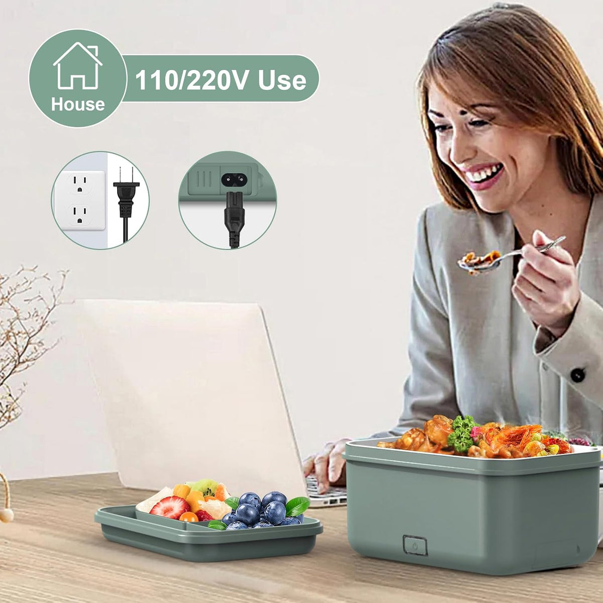 Electric Lunch Box 100W, 4 in 1 Heated Lunch Box for Adults, Portable Heating Lunch Box for Work/Car/Truck, with 1.8L Stainless Steel Container, 12V 24V 110V 220V, Green Grey