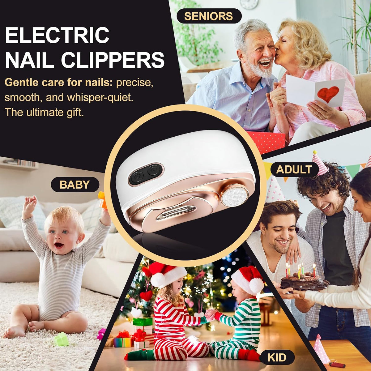 Electric Nail Clipper, 3 In1 Baby Nail Trimmer Electric, Smart Easy Nail Clipper with LED Light & Nail Clip for People Adults, Seniors, Women, Men and Kids (White)