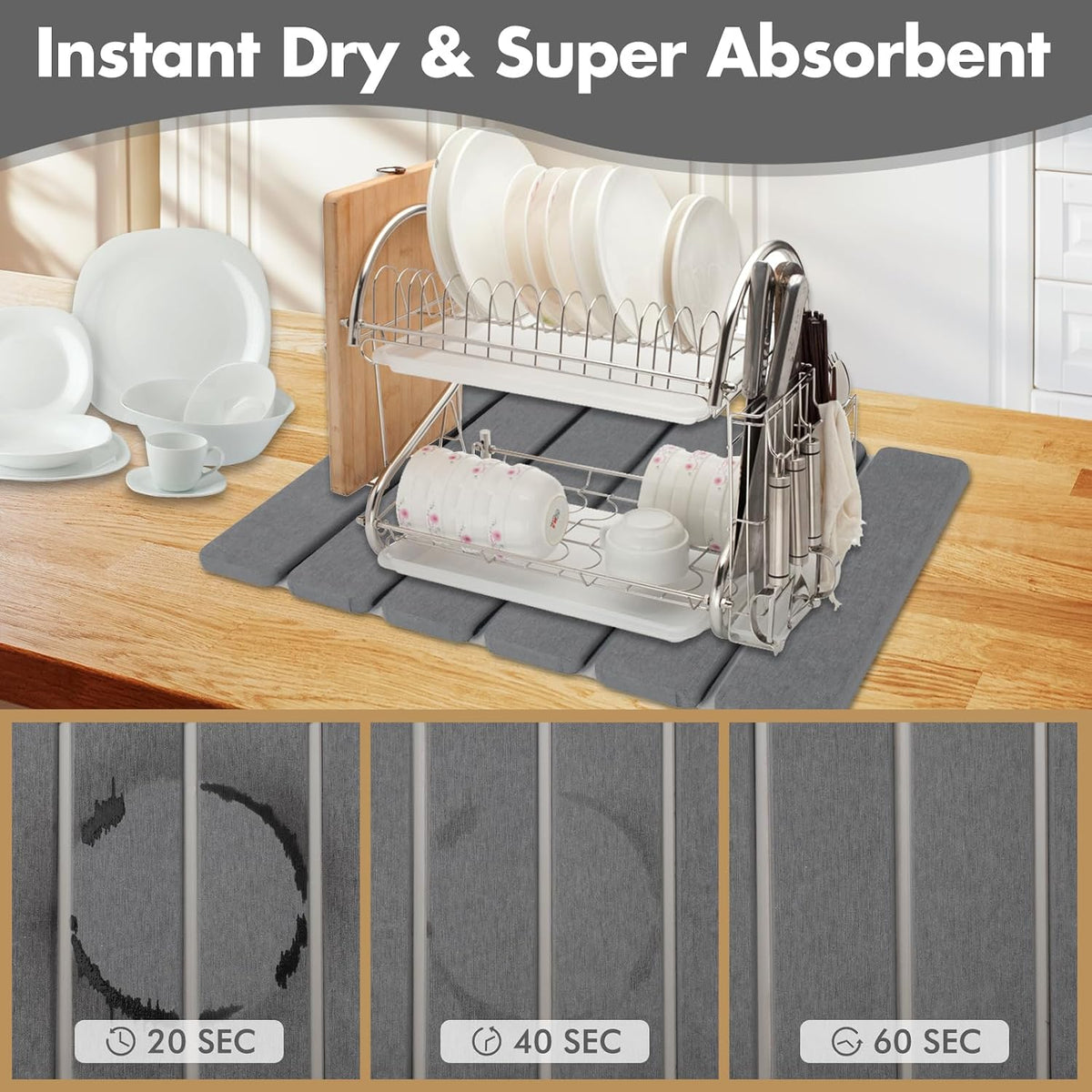 Stone Dish Drying Mat for Kitchen Counter, Eco-Friendly, Instant Drying Pad,Diatomaceous Earth Water Absorbing Mat, Foldable and Super Absorbent Dish Drying Stone Mat, 16"×12", Dark Gray