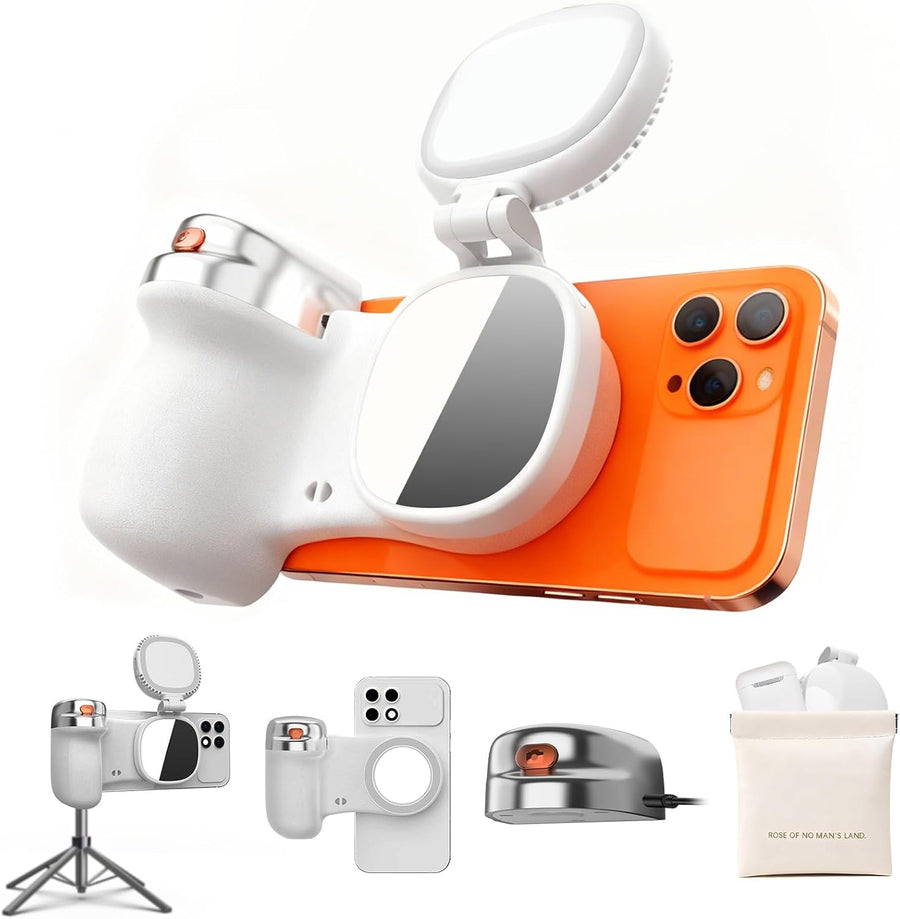Magnetic Selfie Light & Phone Camera Grip with Detachable Wireless Shutter, Ergonomic Fun Shot Grip for Iphone & Android, Supports Native Camera, Tripod Mount, Portable Creator Kit