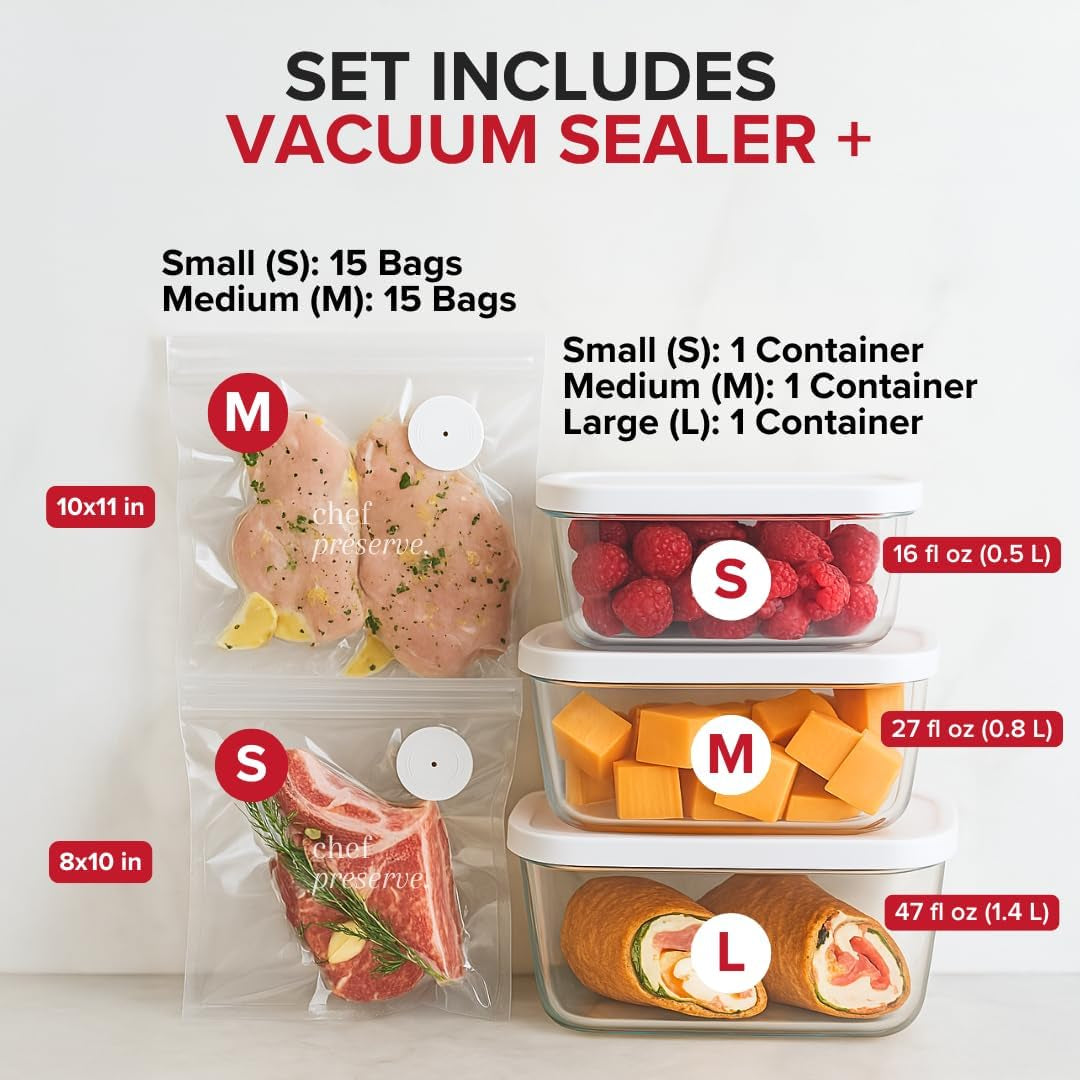 Compact Vacuum Sealer for Food (Vacuum Sealer Machine + 3 Glass Vacuum Containers + 30 Reusable Vacuum Bags) Powerful Handheld Vacuum Seal Machine, Seal Meal Saver, Portable Food Sealer