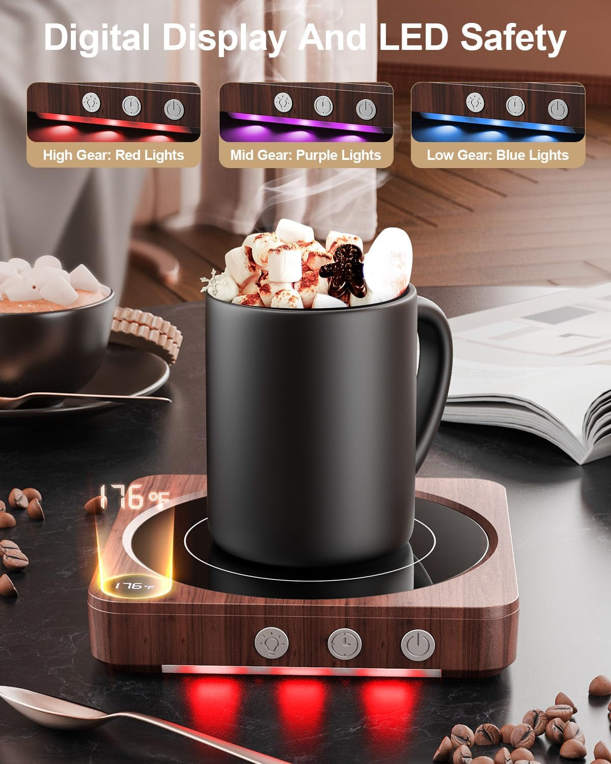 Coffee Mug Warmer for Desk, Candle Warmer Plate, 12H Timer, Wood