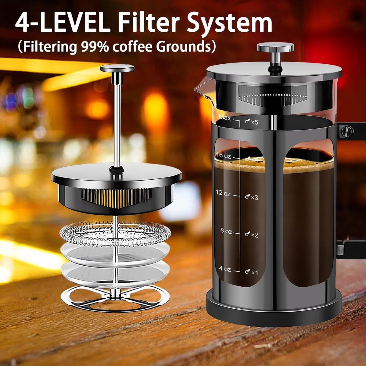 French Press Coffee Maker (21Oz 600ML 3-4Cup) Coffee Press, with 4 Filters System, Heat Resistant Thickness Borosilicate Glass, Cold Brew Coffee Tea Pot Gifts (Bright Black)